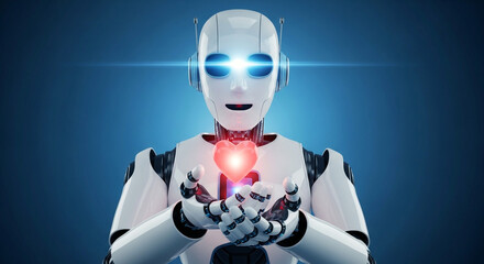Futuristic android lovingly offers glowing heart, symbolizing AI empathy and advanced technology's compassionate future.