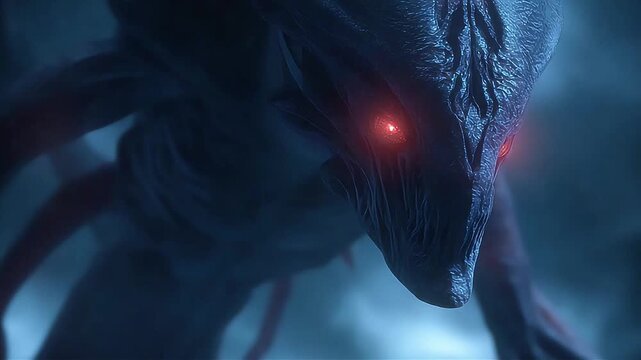 Alien Creature with Red Eyes Stares into Darkness