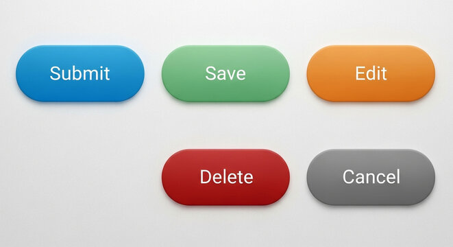 Modern user interface buttons for submit save edit delete and cancel operations, designed for intuitive digital workflows and seamless user experience