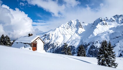 Snowy, white cabin on a hill, backed by imposing, snow-capped mountain range under a clear blue sky with white clouds