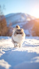 Fluffy, long-haired feline walking on snow, mountain backdrop, sunlit