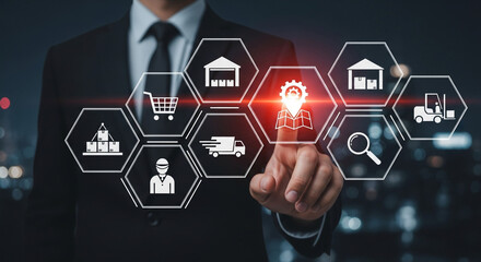 Professional businessman interacts with digital supply chain management interface, optimizing logistics and delivery operations for enhanced efficiency and growth.