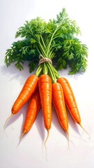 Fresh, vibrant orange carrots tied together with green, leafy tops