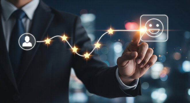 Professional businessman interacts with glowing customer satisfaction rating system, highlighting positive feedback and service excellence in a modern city night setting.