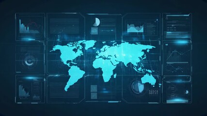 Digital world map surrounded by futuristic data panels, graphs, and HUD elements on a dark background, representing global connectivity, cybersecurity, virtual intelligence, and modern data analytics - Powered by Adobe