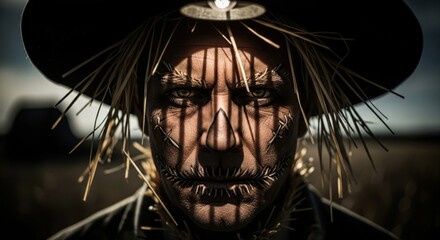 Intense Straw Scarecrow Face with Striking Shadow in a Rural Cornfield Background