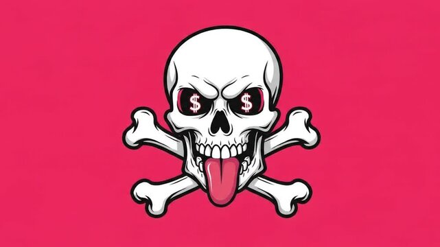 Cartoon skull with crossed bones illustration on pink background
