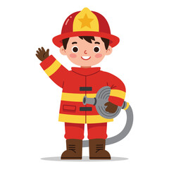 Cute cartoon boy firefighter in a red uniform and helmet, waving and holding a fire hose.