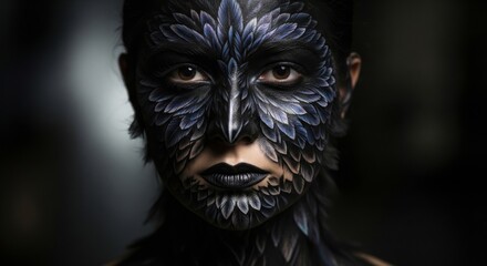 Intense Gaze Portrait of Woman with Elaborate Bird Inspired Face Paint on Dark Gradient Background