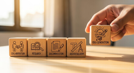Strategic business process visualized with wooden blocks showing collaboration research documentation design delivery and idea generation for project success