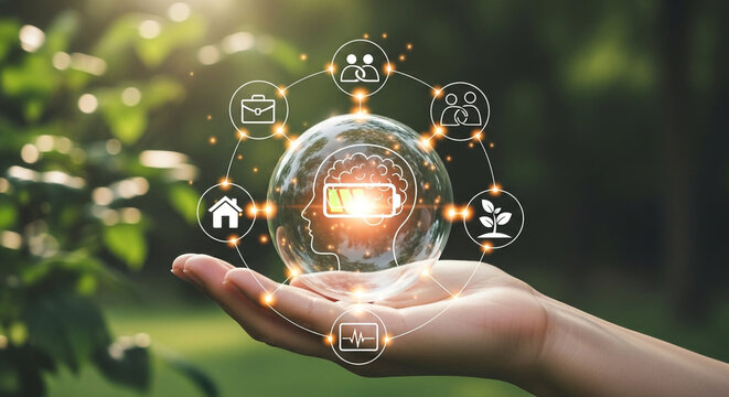 Nurturing holistic well-being through integrated life icons representing health, career, home, and growth, all powered by a vibrant mind energy source.