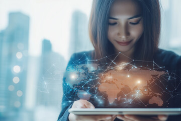 Smiling woman using digital tablet with glowing world map network overlay representing global connection and modern communication. Concept of technology, internet, globalization and innovation.
