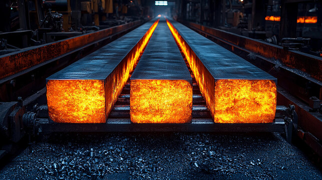 Hot steel billets on conveyor in industrial setting Generative AI