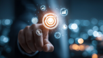 Businessman touching a digital interface with glowing business icons such as growth, teamwork, target, and analytics. Futuristic technology, innovation, corporate success, professional design 