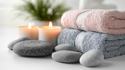 Serene spa setup with scented towels and calming stones Generative AI