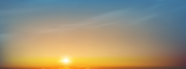 Sunset Sky Background,Sunrise on Beach with Orange,Yellow,Blue.Nature Landscape Beautiful golden sunrise over calm horizon with soft gradient sky,cloud perfect for nature background,peaceful moments