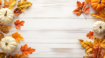 White wooden background decorated with small pumpkins and orange autumn leaves creating warm seasonal frame. Concept of fall, thanksgiving, harvest and cozy home decoration.