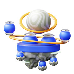 Abstract Fantasy Planet with Blue Structures and Golden Ring Orbiting in Cosmic Space