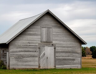 Facade of an old weathered gray wooden barn in a rural country field.