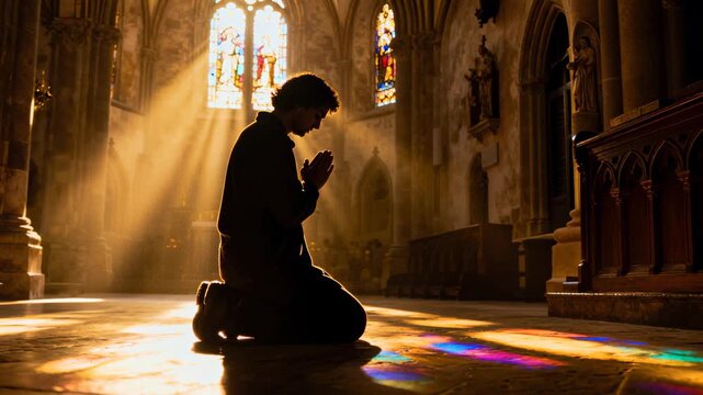 Cinematic 4K shot of a lone man praying in a majestic church