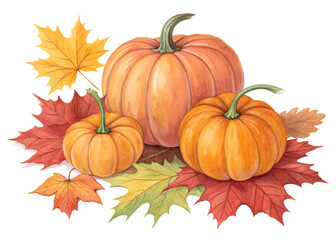 Ripe Pumpkins and Maple Leaves Isolated on Transparent Background
