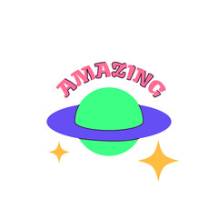 Amazing Text Over Green Planet With Purple Ring And Yellow Stars On Transparent Background