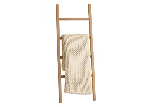 Wooden ladder rack displaying knit blanket transparent background