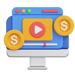 3D illustration of a computer screen displaying a video player interface with gold coins symbolizing monetization and online earnings in a clear transparent background