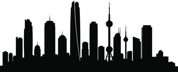 Striking silhouette of a city skyline isolated on white background, capturing the essence of urban life and architectural diversity in a simple form