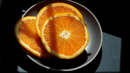 Sliced orange citrus plate food still life sunlight summer fruit orange slice sliced orange plate dramatic sunlight with rich color and glossy texture evoking fresh citrus aroma and simple summer - Powered by Adobe