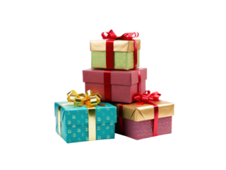 Colorful gift boxes with festive ribbons stacked gifts gold, Isolated On Transparent Background