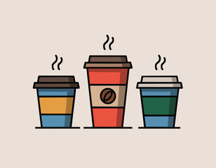 Three colorful togo coffee cups with steam simple cartoon style aligned