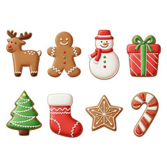 Collection of festive christmas gingerbread cookies isolated on transparent background