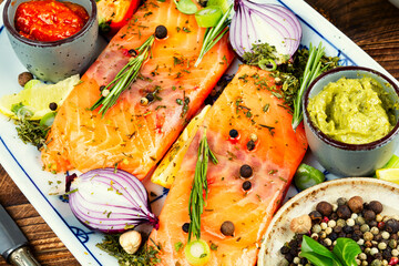 raw salmon with ingredients.