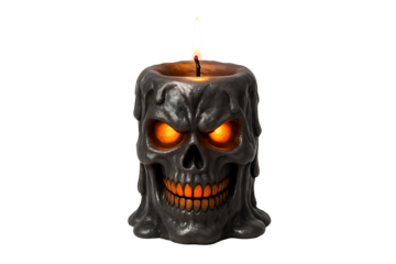 Scary dark melted wax skull candle with glowing orange eyes and teeth lit wick spooky decoration for a spooky halloween night isolated on transparent background