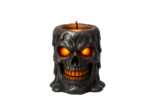 Scary dark melted wax skull candle with glowing orange eyes and teeth lit wick spooky decoration for a spooky halloween night isolated on transparent background