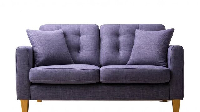 Purple loveseat sofa with textured fabric  wooden legs featuring buttoned back cushions and two square pillows