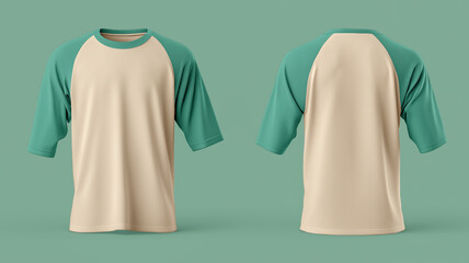 Cream body t shirt with teal raglan sleeves shown in front and back view on green background. casual design is perfect for everyday wear, offering comfort and style