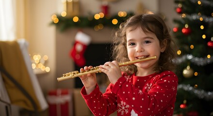 Young girl smiles while playing a golden flute near a Christmas tree and fireplace