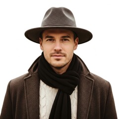 Fototapeta premium Handsome Man in Gray Hat and Wool Coat on White Background Portrait