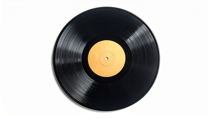 Vintage black vinyl record with a bright yellow label, isolated on a crisp white background, representing analog audio, timeless music, and retro sound culture
