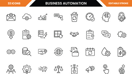 Collection of 32 business automation icons with editable stroke technology workflow