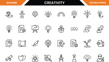 Set of 32 black outline icons representing creativity and innovation concepts idea