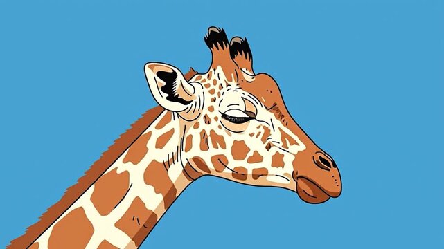 Close-up illustration of a giraffes head and neck against a blue background.
