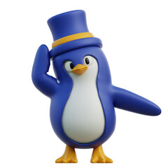 Charming Blue Penguin Character Wearing a Blue Top Hat with a Yellow Band and White Shirt with Orange Beak and Feet