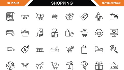 Collection of 32 black line art shopping and e-commerce icons on white background online shopping retail