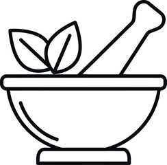  Line art icon of a mortar and pestle with leaves, representing herbal medicine or natural remedies