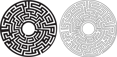 Fototapeta premium Vector art of two circular mazes, one solid black and one outlined, isolated on a silhouette art design