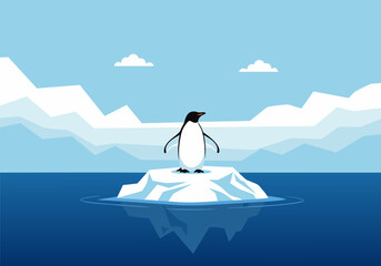 Arctic adventure a lone penguin stands tall on an iceberg in the vast, icy blue ocean under a crisp, cloudy sky, evoking a sense of wonder and exploration © Beny Qurdy