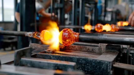 Skilled artisans shape molten glass into beautiful objects in a busy glassblowing workshop